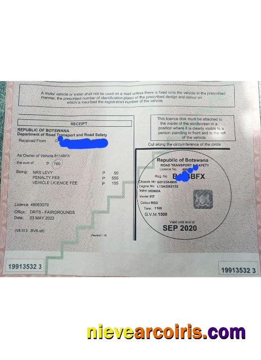 Botswana vehicle registration certificate
